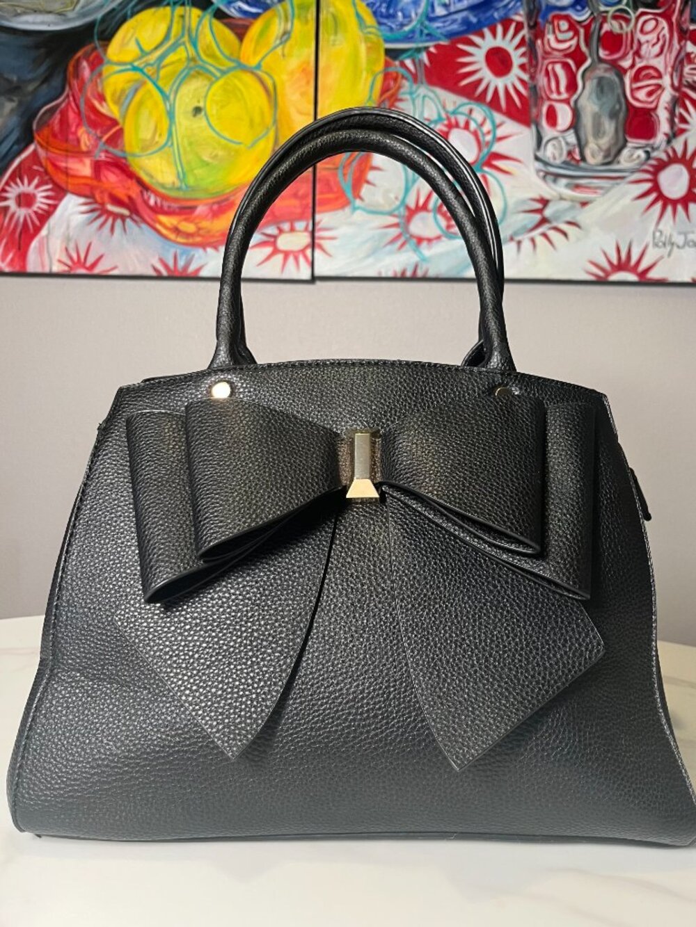 Crossi Black Pebbled Bow Satchel Handbag Large Faux Leather
